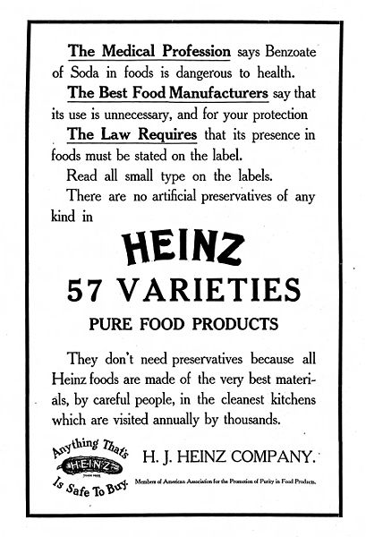 H.J.Heinz marketing anyag (1909) a Na-benzoát mentes Heinz termékekről
