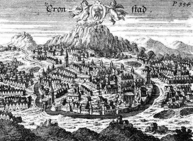 Johann Jakob Schollenberger: Brassó látképe - rézmetszet, 17. század (Forrás: Rózsa György: Városok, várak, kastélyok). 