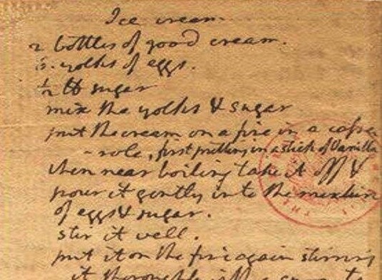 Thomas Jefferson elnök Kongresszusi Könyvtárban őrzött kéziratos jégkrém receptjének részlete