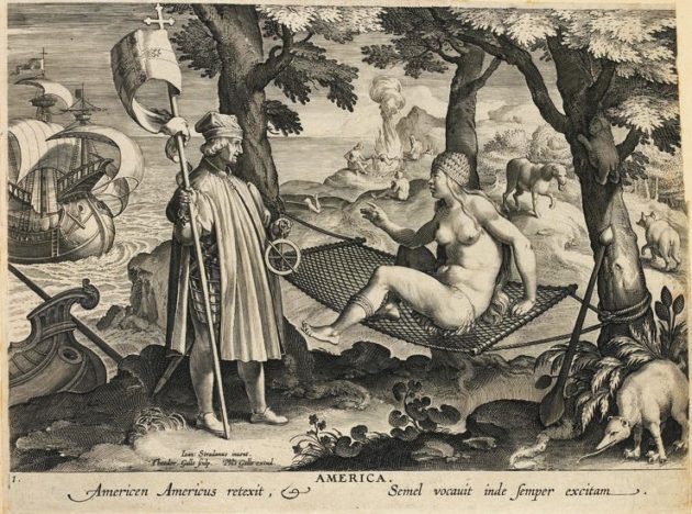 Amerigo Vespucci felfedezi Amerikát (Nyomtatták 1591 körül)