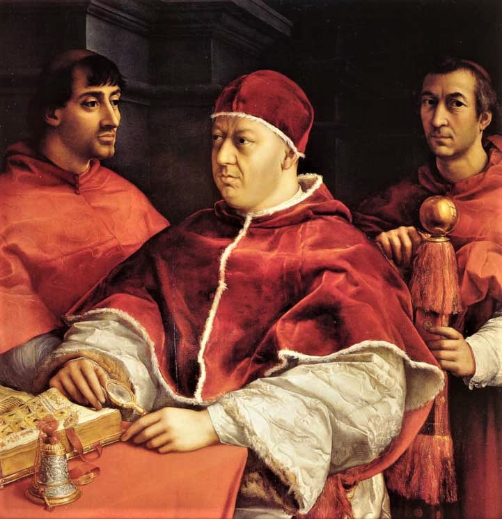 Raffaello festménye (1518-1519): X. Leó pápa portréja két kardinálissal, Giulio de Medicivel (a későbbi VII. Kelemen pápával) és első unokatestvérével. Luigi de" Rossival 