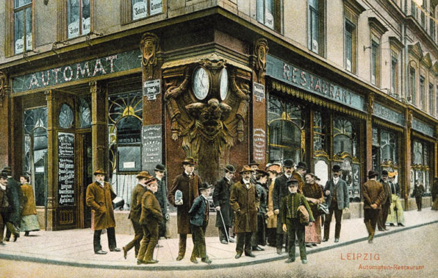 Lipcsei utcarészlet, Belváros 1900 körül, amikor Ikeda ott járt (Automaten-Restaurant)