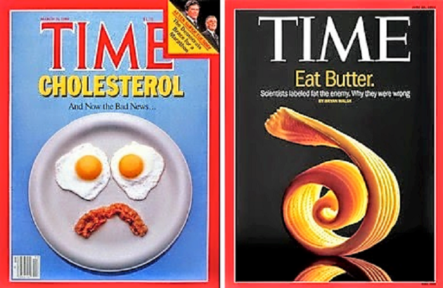 A Time Magazin nevezetes a koleszterin veszélyeire felhívó címlapja 1984-ből, majd a vajevést propagáló címlap 2014-ből.