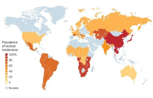 A laktóz intolerancia előfordulás országonként, a lakosság százalékában